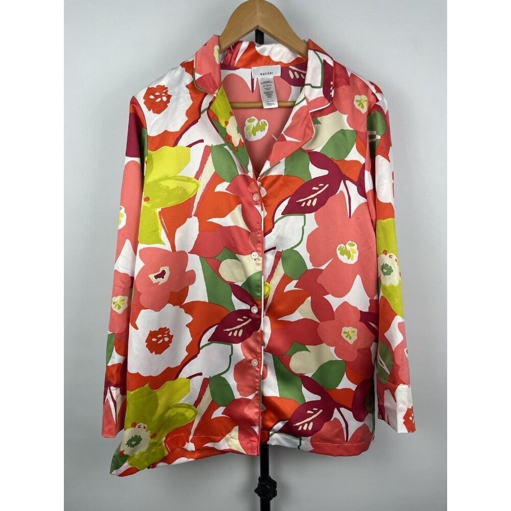 Natori Multicolor Floral Spring Satin Long Sleeve Pajama Button Up Blouse Size M